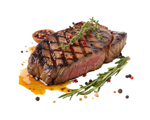 Delicious Grilled Steak with Rosemary and Thyme and grilled beef steak on transparent background.