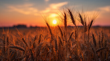 Naklejka premium Sunset over a golden wheat field in July, cinematic light