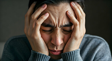 A person suffering from headache or mental strain. Ideal for articles on stress management mental health or pain relief.