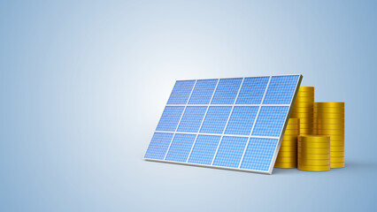 Solar panel ahead of stacks of gold coins on a soft blue background with copy space. Economic benefits of renewable energy. Solar panel and coins. Concept of saving money and clean energy.