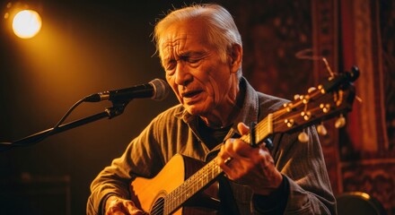 A passionate senior man with white hair, deeply engrossed in playing an acoustic guitar and singing into a microphone on a dimly lit stage, conveying raw emotion and dedication to music.