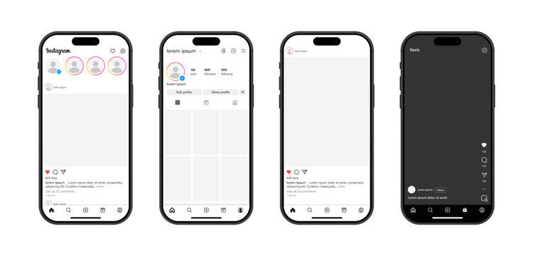 Instagram feed mockup. Social media mock up template. Instagram post frame carousel template. Screen interface on Iphone smartphone. Post story reels. Latest update social network mobile app