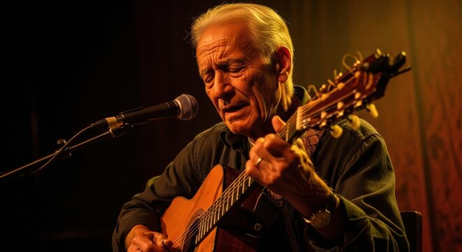 A compelling close-up of an elderly musician with white hair, his eyes closed in concentration as he plays an acoustic guitar and sings into a microphone, bathed in warm stage lighting.