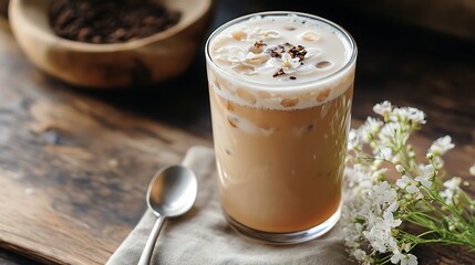 Minimal thai milk tea with napkin, spoon, and small flowers