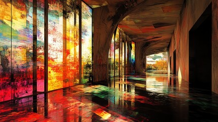 Interior of Modern Building with Colorful Stained Glass