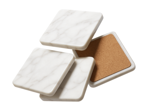 Marble coaster set with cork backing for protecting surfaces during a festive gathering.