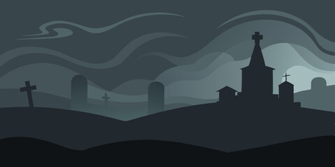 Eerie Graveyard at Dusk Spooky Silhouettes in a Misty Cemetery