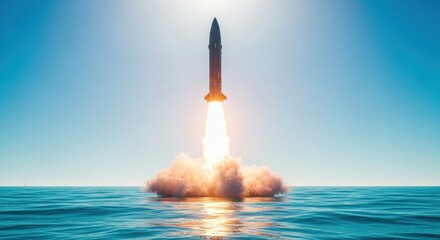 Fototapeta premium A massive missile launching from the ocean surface into a bright, clear blue sky, creating a fiery explosion of water and smoke, symbolizing naval power and deterrence.
