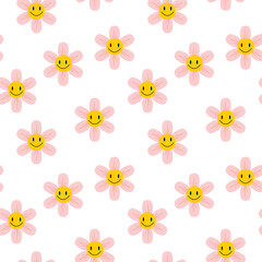 Happy face flowers in soft pink tones, seamless floral pattern for children or spring themes