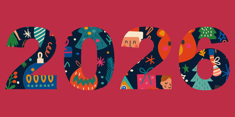 Colorful 2026 New Year numbers filled with festive Christmas doodles on red background, winter holiday vector design for greeting banners