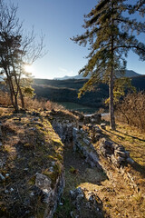 Austro-Hungarian trench of the Great War in the stronghold of Dos del Gal. Talpina, Mori, Trentino, Italy.