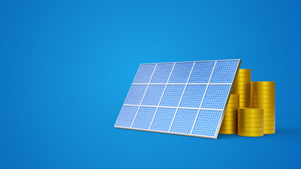 Solar panel ahead of stacks of gold coins on a blue background with copy space. Economic benefits of renewable energy. Solar panel and coins. Concept of saving money and clean energy.