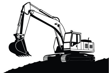 Monochrome Excavator Silhouette Heavy Machinery Construction Vehicle Industry Digging and Earthmoving Equipment Heavy Duty Black and White Image