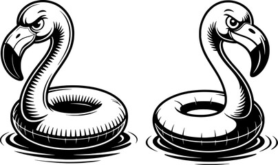 Fototapeta premium Silhouette of two angry flamingos in inflatable rings floating on water in bold black and white line art, perfect for humorous summer and tropical-themed illustrations