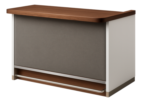 Reception desk with an upholstered front panel in soft grey fabric, adding warmth to the home library.