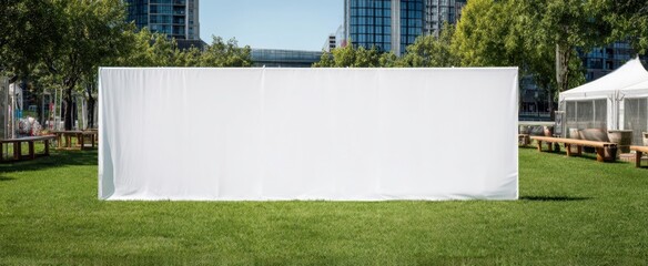 The white canvas wall stands prominently in a modern urban park setting.