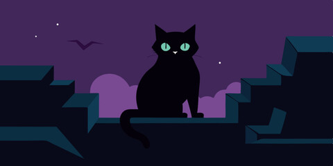 Funny black cat cartoon silhouette on the roof with the moon, perfect for a cute Halloween night design or vector illustration