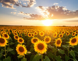 Vibrant Yellow Sunflower Field at Sunset