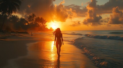 Woman Silhouette Walking on Tropical Beach at Sunset