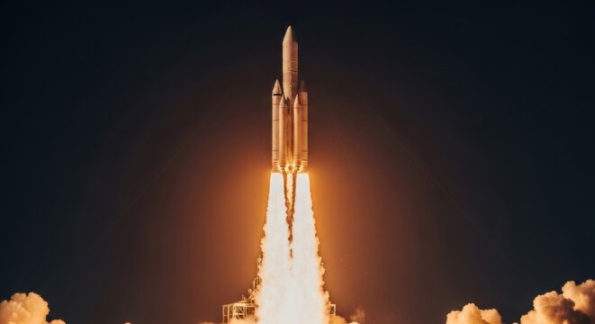A massive multi-stage rocket launching into the dark night sky, with colossal fiery engines illuminating the launchpad and creating dramatic clouds of smoke.