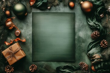 Festive green christmas background with ornaments and gift box