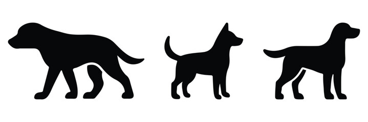 A set of three black dog silhouettes in various poses on a white background. Modern vector silhouette of dogs. Black silhouette of dog