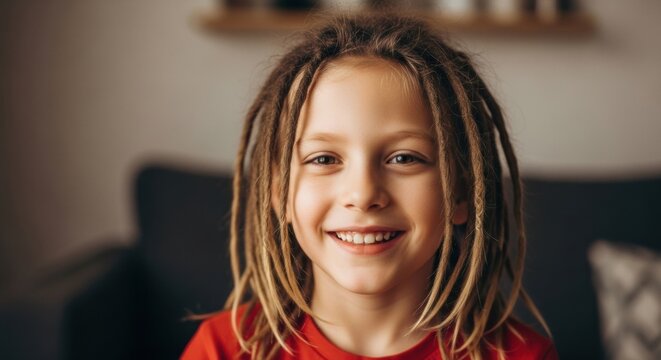A happy young child with long, natural light brown dreadlocks, smiling brightly and looking directly at the camera, in a soft, warm indoor setting.