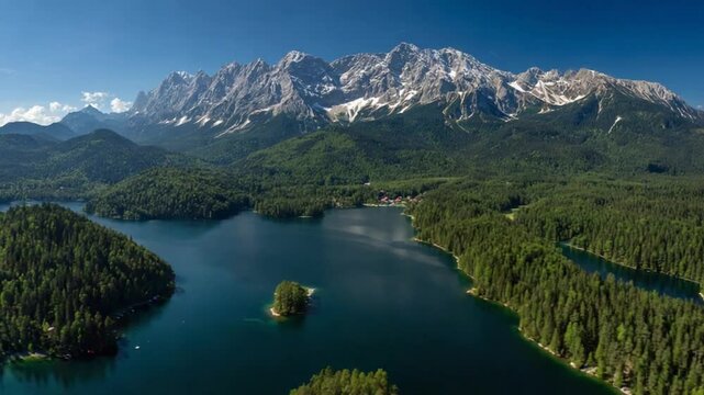 Breathtaking Aerial View of Eibsee Lake and the Majestic Zugspitze Mountain Range