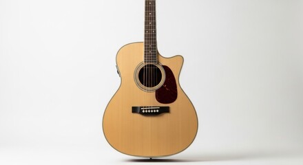Obraz premium A full-frontal studio shot of a beautiful natural wood acoustic guitar with a cutaway design and a dark pickguard, perfectly isolated on a white background.