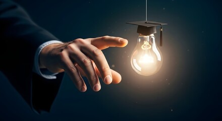 Businessman reaching for glowing lightbulb with a graduation cap.

