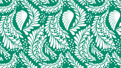 Fototapeta premium Elegant Teal Floral Pattern, Modern Botanical Leaf Design. Stylish Green Leafy Texture, Chic White on Teal Nature Print