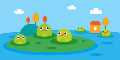 Obraz premium Cute green cartoon frog illustration smiling on a lake or pond with insects and a friendly turtle