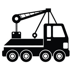 Black and White Crane Truck Silhouette Illustration Heavy Lifting and Construction Vehicles Iconographic Representation Simplified Design