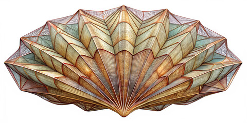 A detailed, intricate metal sculpture with a geometric, abstract design, isolated on transparent background