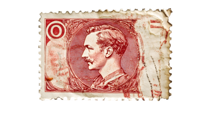 A detailed depiction of one specific rare postage stamp (e.g., a classic design with visible perforations), isolated on Transparent background.