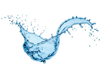 Vibrant blue water splash with thousands of tiny droplets separating, frozen in mid-air with elegant curves against a transparent studio background, ample copy space. Captivating beauty of dynamic