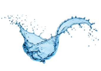 Vibrant blue water splash with thousands of tiny droplets separating, frozen in mid-air with elegant curves against a transparent studio background, ample copy space. Captivating beauty of dynamic
