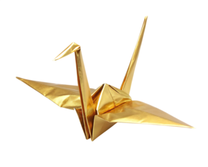  origami crane made from metallic gold paper isolated on white background PNG ,AI GENERATED