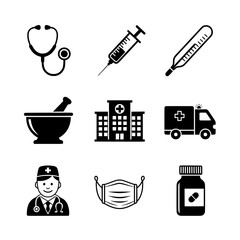 Minimalist Medical and Healthcare Icon Set – Flat Black Vector on White Background

