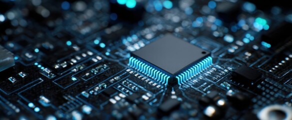 The intricate details of a microchip on a modern circuit board.