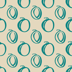 Seamless pattern of simple teal fruit designs with repeating background on beige color