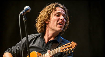 A male musician with expressive face sings into a microphone while playing an acoustic guitar on a dark stage. Ideal for music event promotions album art or performer portraits.
