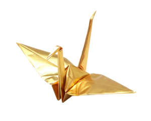  origami crane made from metallic gold paper isolated on white background PNG ,AI GENERATED