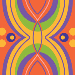 Vibrant abstract geometric design featuring symmetrical arcs and circles on orange background