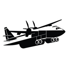 Detailed Black and White Illustration of a Large Cargo Aircraft, Featuring Prominent Propellers and Multiple Landing Wheels