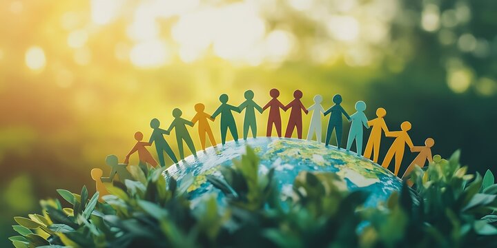 Diverse paper people holding hands in a circle around a globe with green foliage and golden sunlight