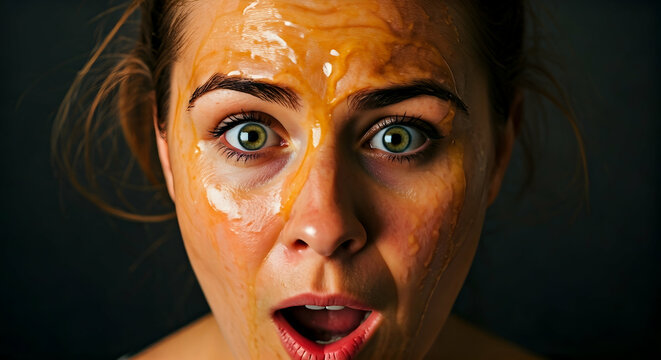 Woman with a golden facial treatment looking shocked Ideal for natural beauty blogs or DIY skincare tutorials to highlight reactions