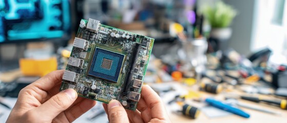 The intricately designed motherboard held by a technician in a modern workshop.