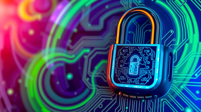 A digital binary code lock overlays a circuit board, symbolizing secure technology and data protection in modern electronics