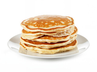 Stack of fluffy pancakes on white plate isolated on background  
